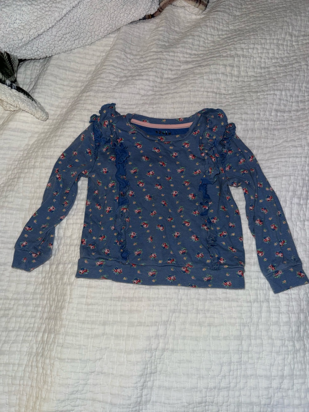 Mini Boden Blue Floral Ruffle Long-Sleeve Top